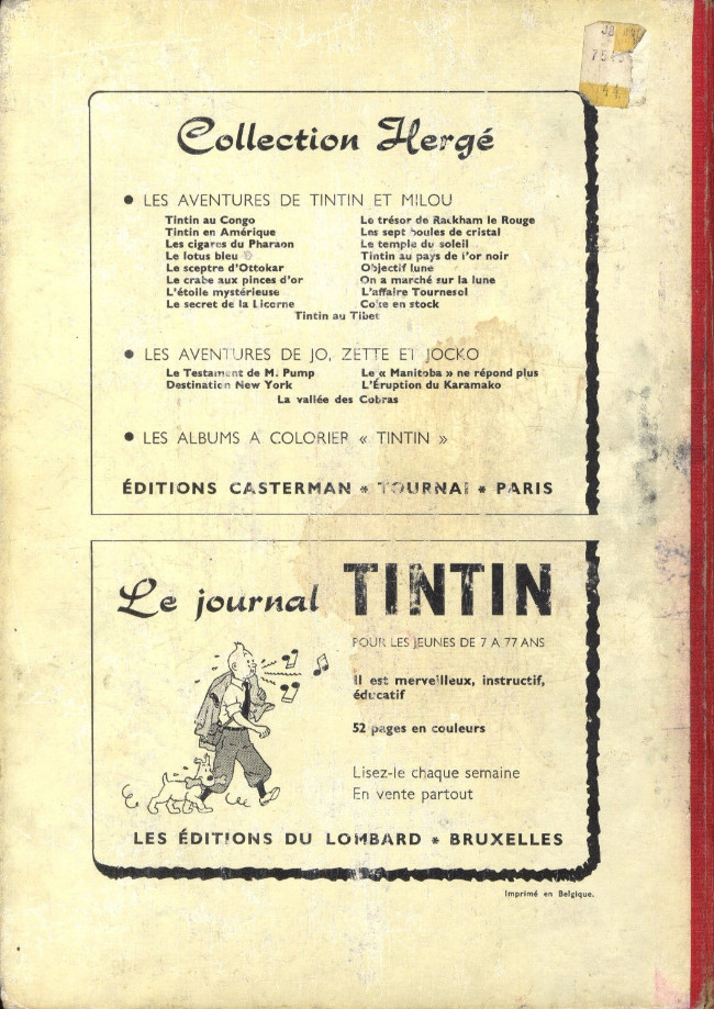 Verso de l'album Tintin Tome 52