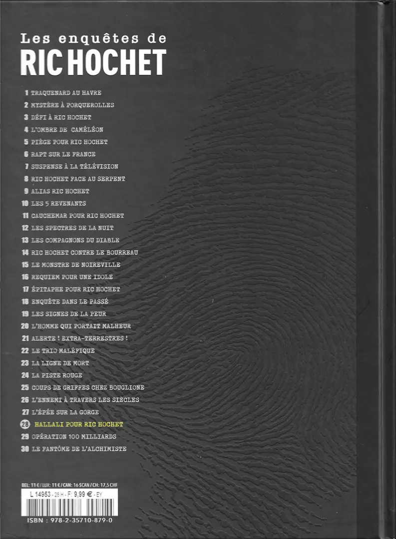 Verso de l'album Les enquêtes de Ric Hochet Tome 28 Hallali pour Ric Hochet