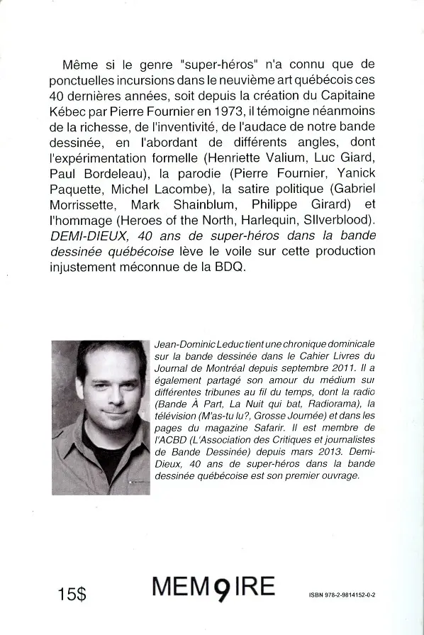 Verso de l'album Demi-Dieux 40 ans de super-héros dans la bande dessinée québécoise