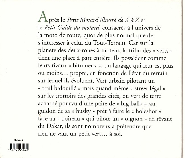 Verso de l'album de A à Z La Moto Verte illustrée de A à Z