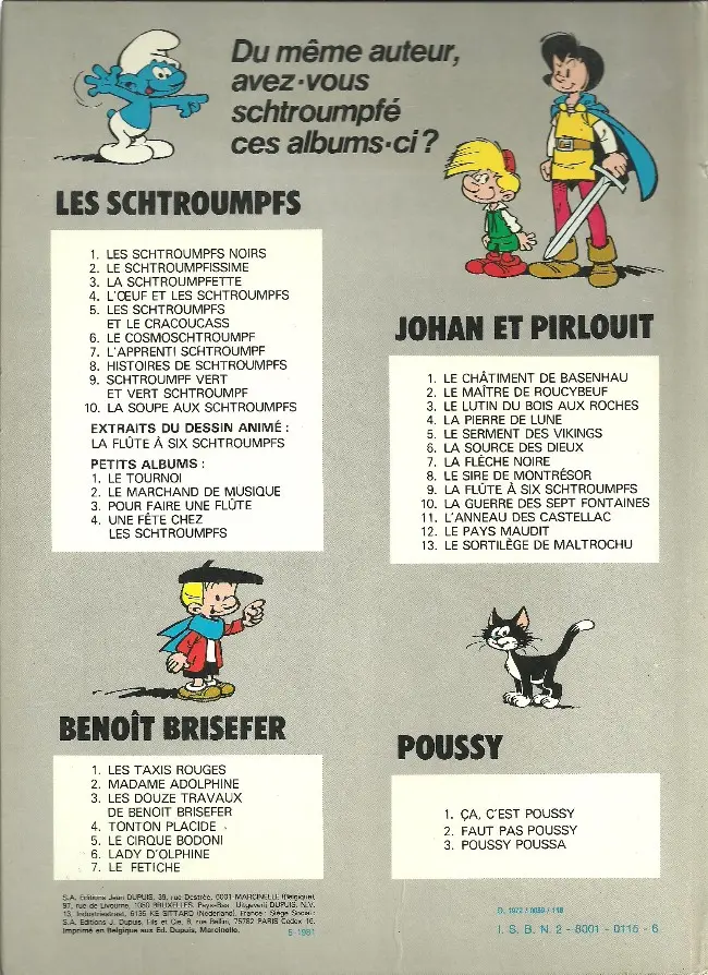 Verso de l'album Les Schtroumpfs Tome 8 Histoires de Schtroumpfs
