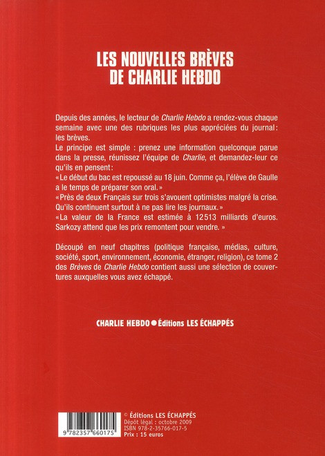 Verso de l'album Charlie Hebdo Les nouvelles brèves de Charlie Hebdo