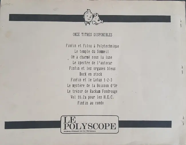 Verso de l'album Tintin Les Aventures de Finfin et Filou à Polytechnique