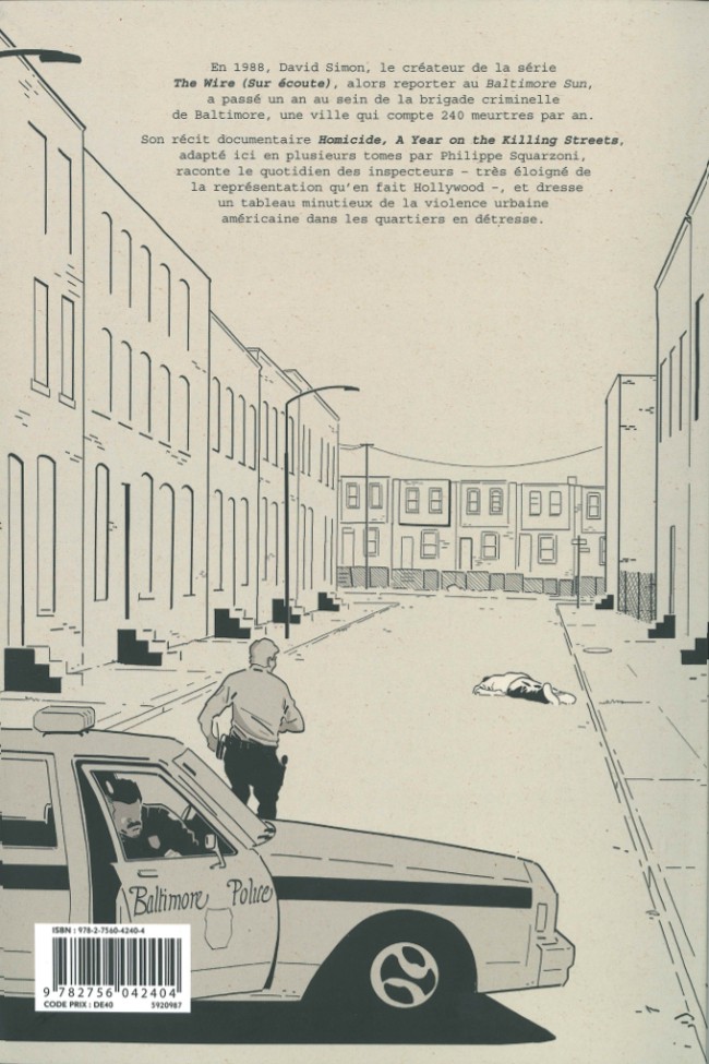 Verso de l'album Homicide - Une année dans les rues de Baltimore Tome 2 4 février- 10 février 1988