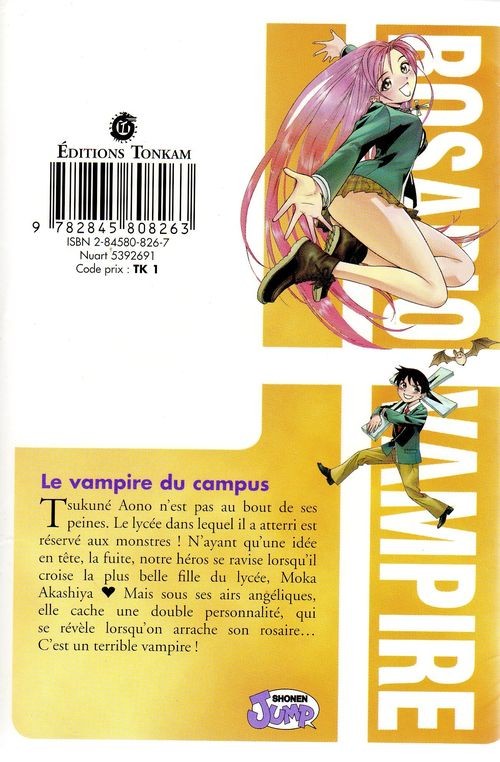 Verso de l'album Rosario + Vampire Tome 1 le vampire du campus