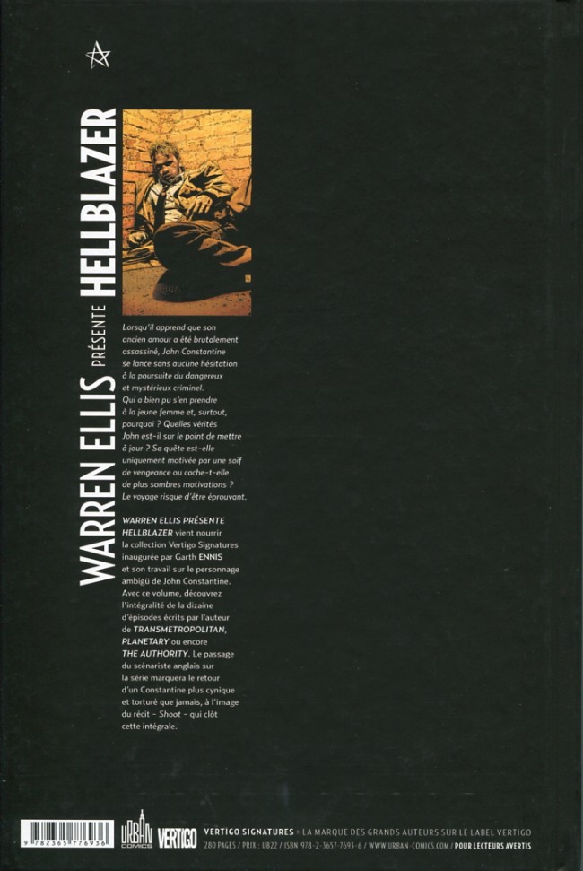 Verso de l'album Hellblazer Warren Ellis présente Hellblazer