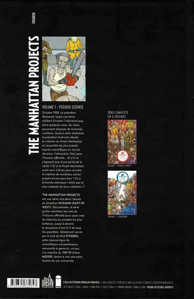 Verso de l'album The Manhattan Projects Vol. 1 Pseudo-science