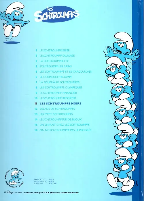 Verso de l'album Les Schtroumpfs Tome 11 Les schtroumpfs noirs