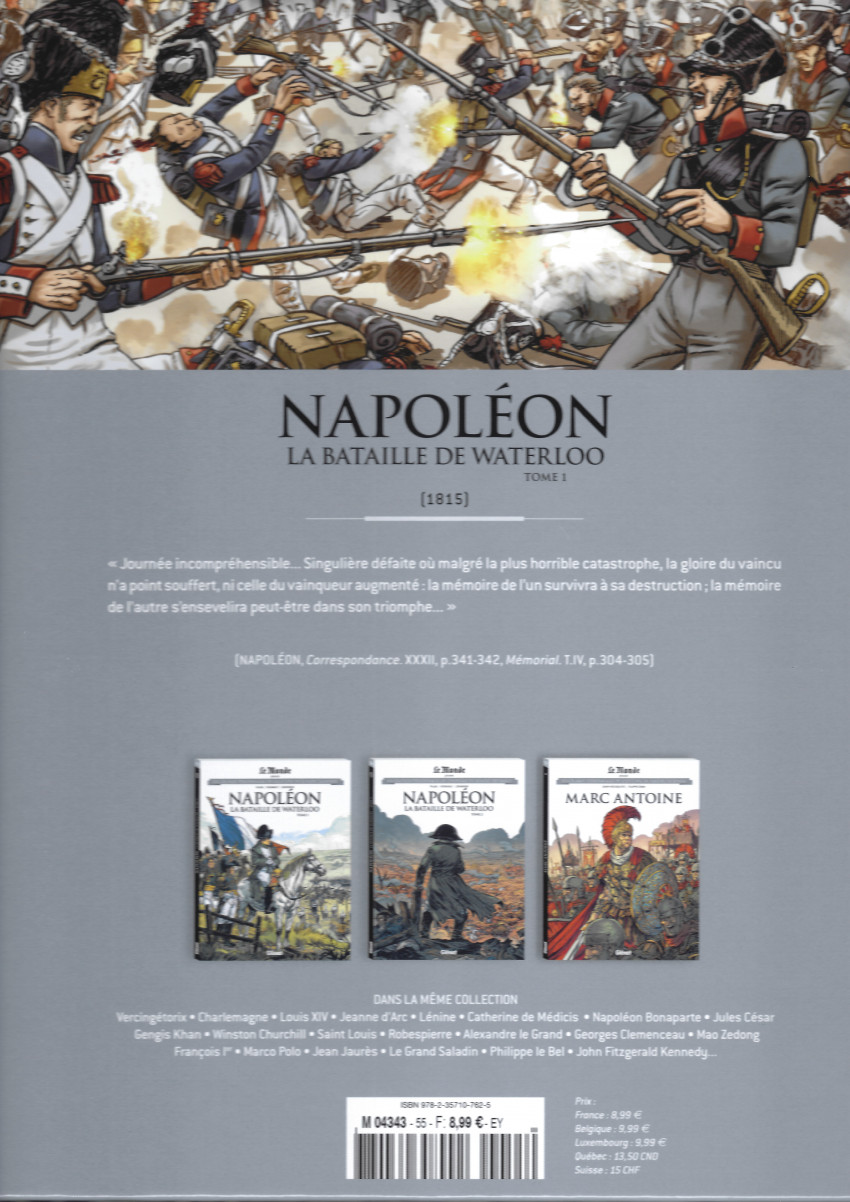 Verso de l'album Les grands personnages de l'Histoire en bandes dessinées Tome 55 Napoléon - La bataille de Waterloo - Tome 1