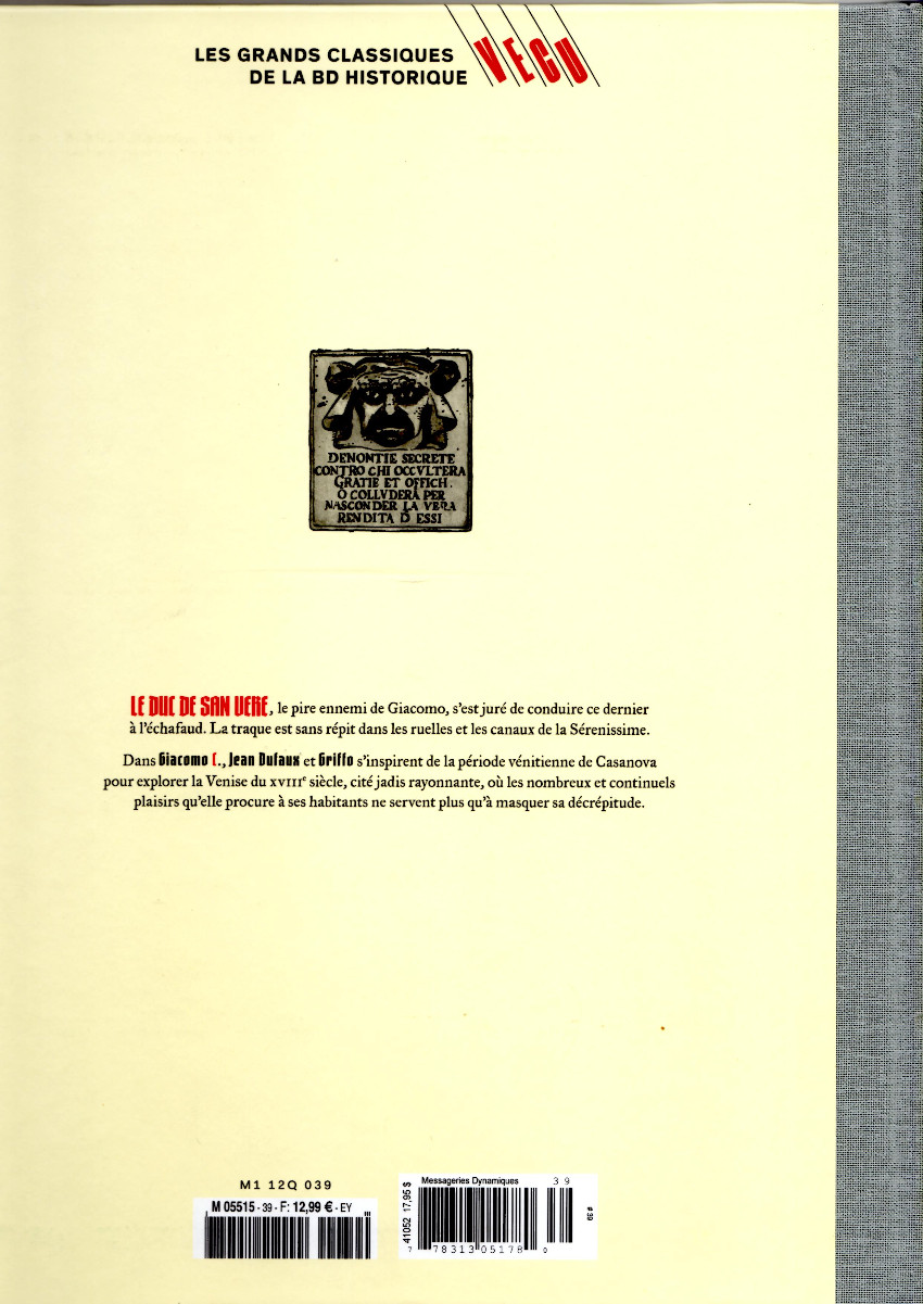 Verso de l'album Les grands Classiques de la BD Historique Vécu - La Collection Tome 40 Giacomo C. - Tome XV : La Chanson des Guenilles