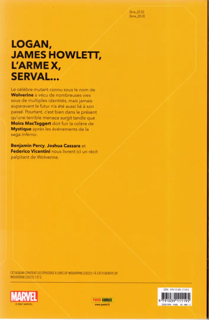 Verso de l'album X lives / X deaths of Wolverine Volume 1/2
