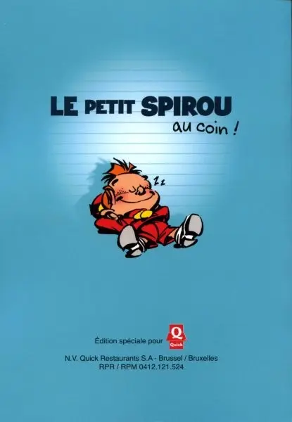 Verso de l'album Le Petit Spirou Albums publicitaires pour Quick Premier en âneries