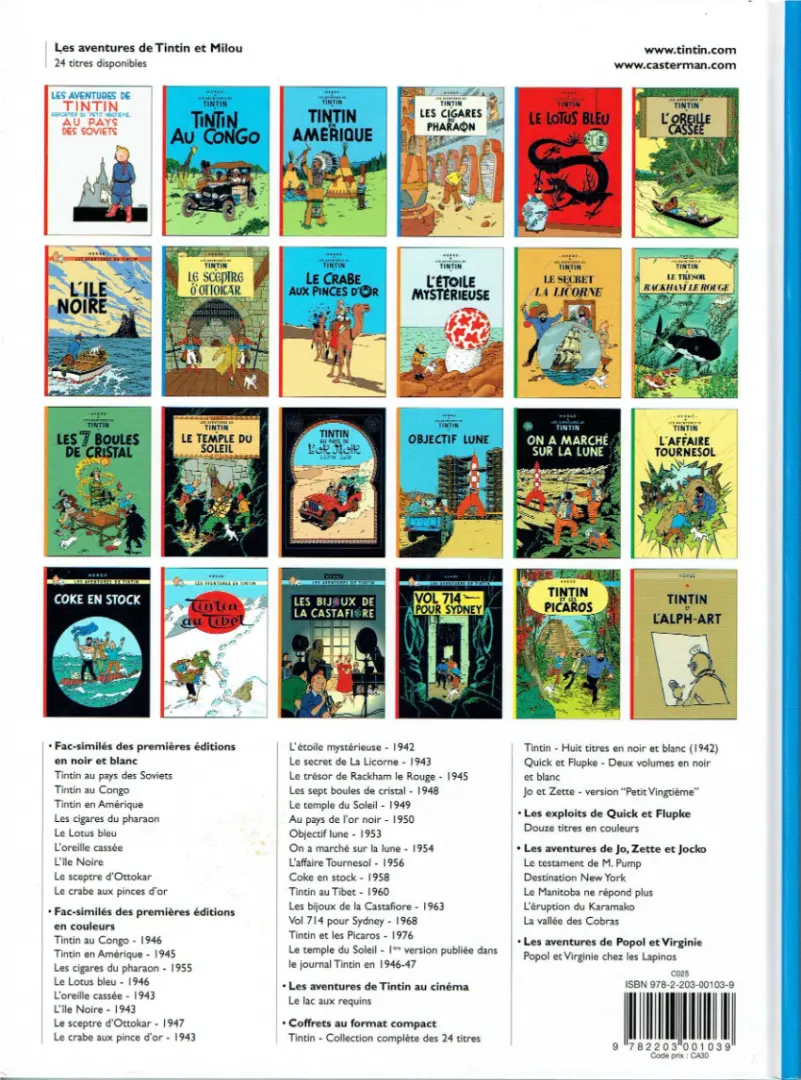 Verso de l'album Tintin Tome 4 Les cigares du pharaon