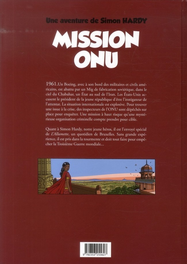 Verso de l'album Une aventure de Simon Hardy Tome 1 Mission ONU