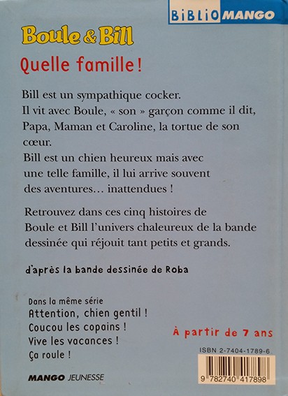 Verso de l'album Boule et Bill Biblio Mango Tome 214 Quelle famille !