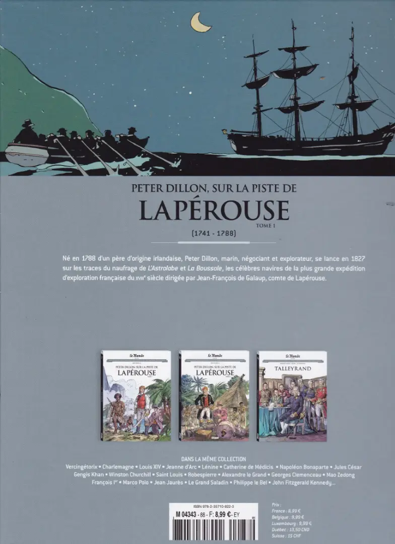 Verso de l'album Les grands personnages de l'Histoire en bandes dessinées Tome 88 Peter Dillon, sur la piste de Lapérouse 1/2