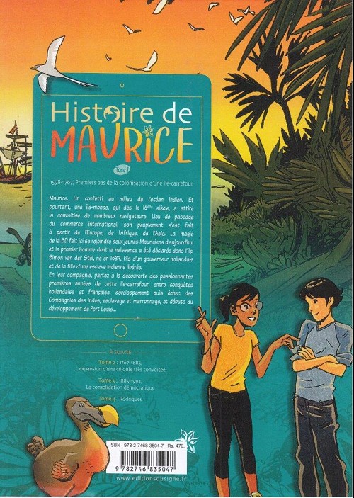 Verso de l'album Histoire de Maurice Tome 1 1598-1767, premiers pas de la colonisation d'une île-carrefour.