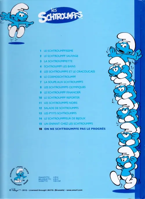 Verso de l'album Les Schtroumpfs Tome 16 On ne schtroumpfe pas le progrès