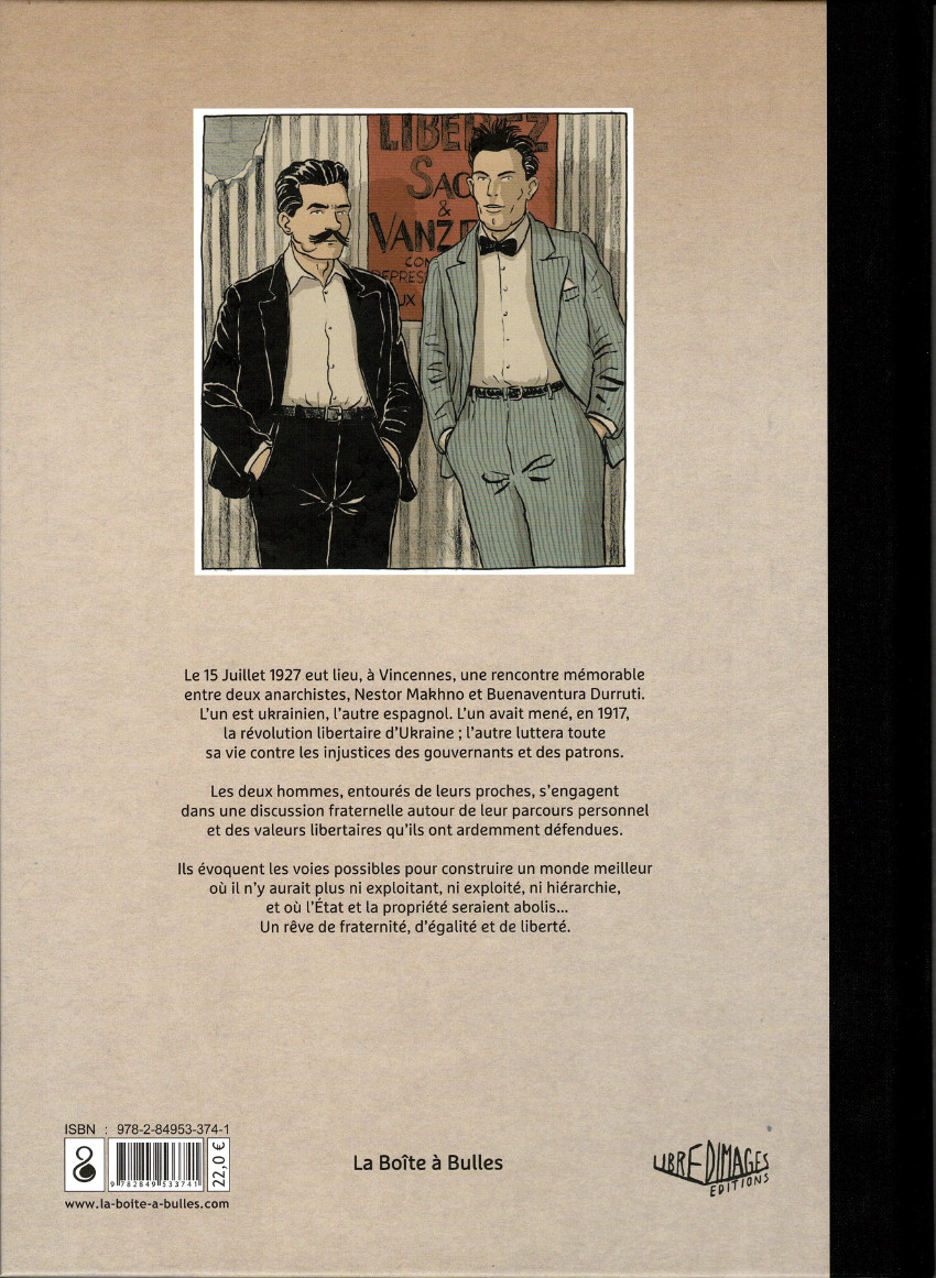 Verso de l'album Viva l'anarchie ! 1re Partie La rencontre de Makhno et Durruti