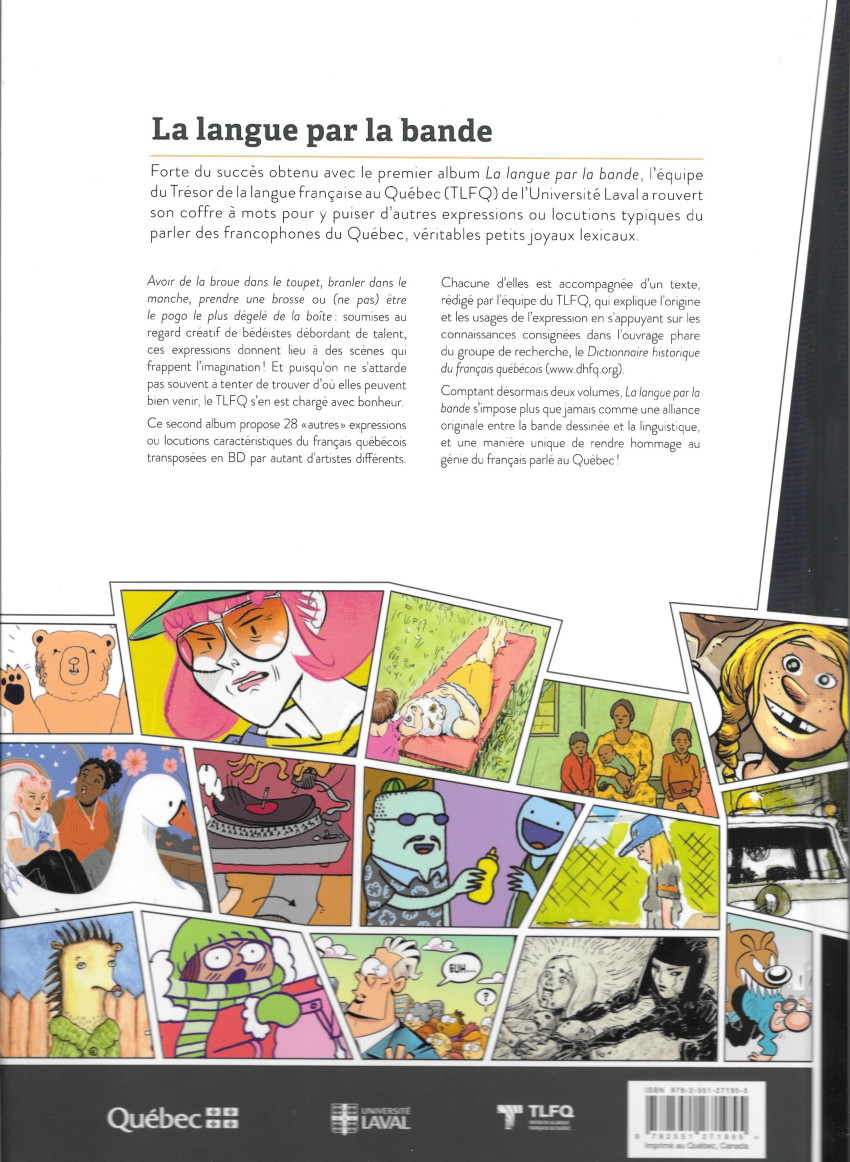 Verso de l'album La langue par la bande 2 28 autres expressions québécoises en bandes dessinées