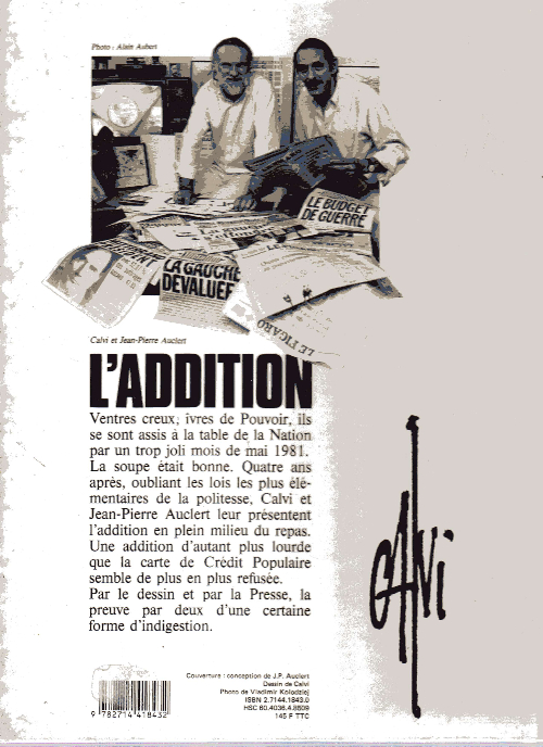 Verso de l'album L'addition Quatre ans de socialisme dessinés par Calvi et mis en scène par Jean-Pierre Auclert