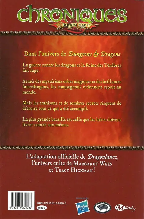 Verso de l'album Chroniques de DragonLance Tome 3 Dragons d'une aube de printemps, première partie