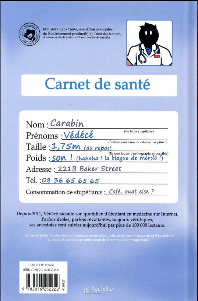 Verso de l'album Vie de Carabin Dossiers Médic@ux Tome 1
