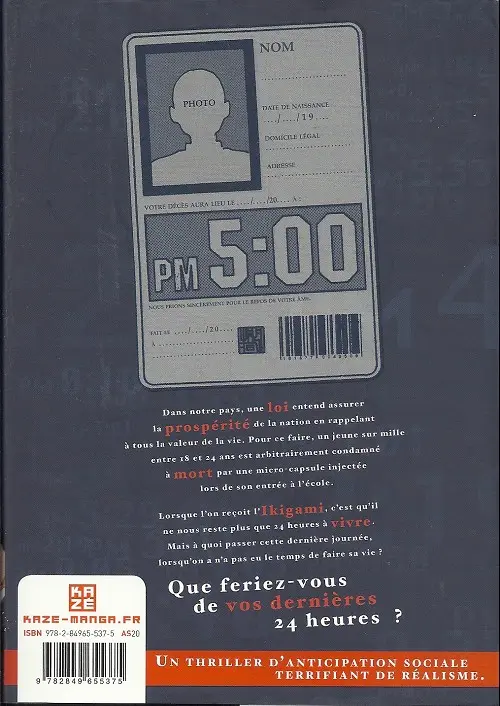 Verso de l'album Ikigami - Préavis de mort 1 Aux confins de la vengeance - La chanson oubliée