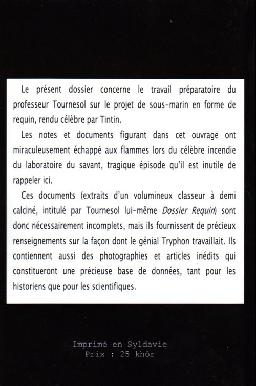 Verso de l'album Les Archives du professeur Tournesol - Dossier requin - Top Secret