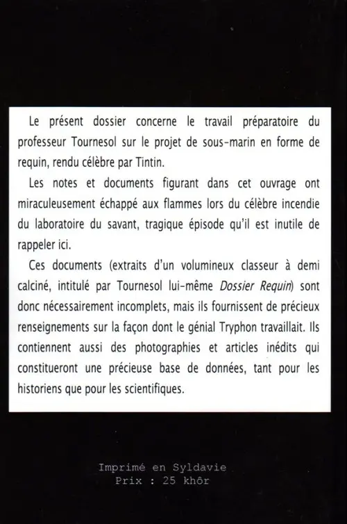 Verso de l'album Les Archives du professeur Tournesol - Dossier requin - Top Secret