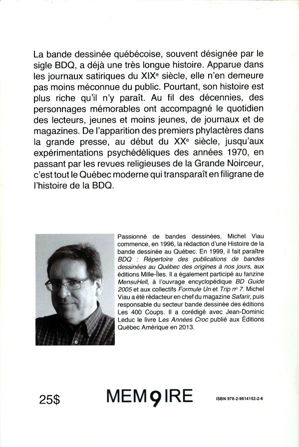 Verso de l'album BDQ Tome 2 Histoire de la bande dessinée au Québec - Tome 1 : des origines à 1979