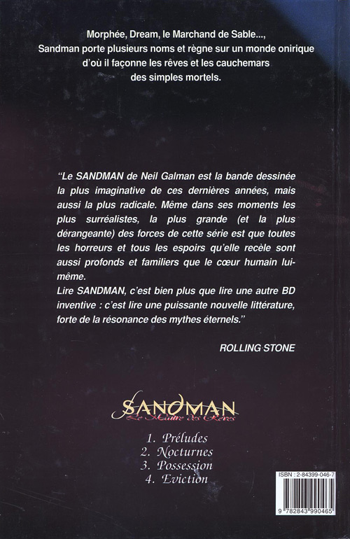 Verso de l'album Sandman (Le maître des rêves) Tome 4 Eviction