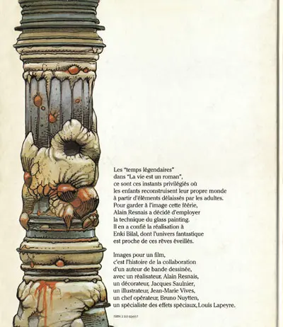 Verso de l'album Images pour un film Les décors d'Enki Bilal pour la vie est un roman d'Alain Resnais