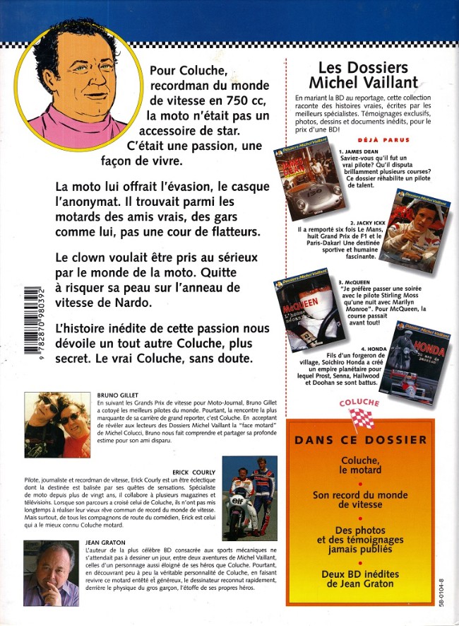Verso de l'album Dossiers Michel Vaillant Tome 5 Coluche - C'est l'exploit d'un mec...
