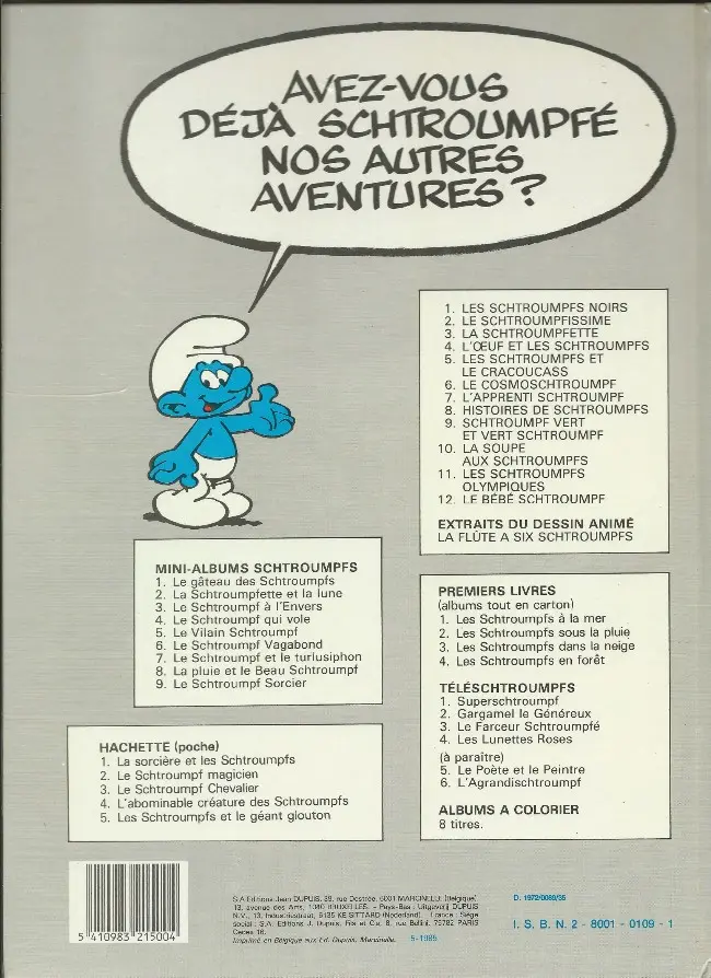 Verso de l'album Les Schtroumpfs Tome 2 Le Schtroumpfissime (+ Schtroumpfonie en ut)