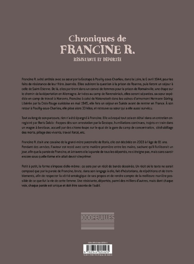 Verso de l'album Chroniques de Francine R., résistante et déportée