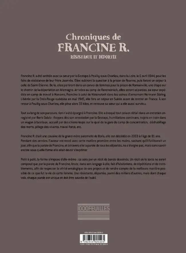 Verso de l'album Chroniques de Francine R., résistante et déportée