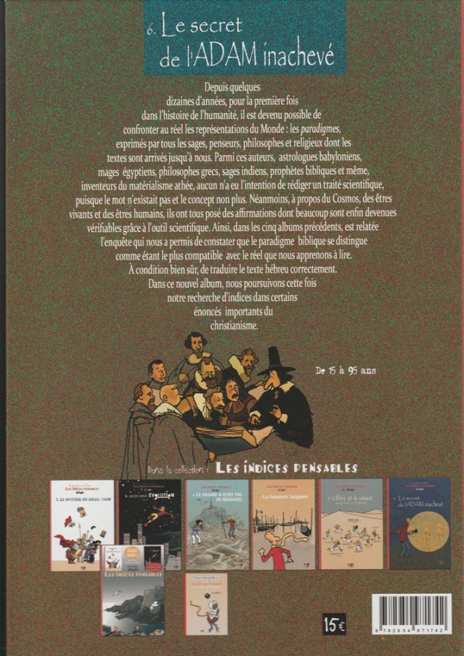 Verso de l'album Les Indices-pensables Tome 6 Le secret de l'ADAM inachevé