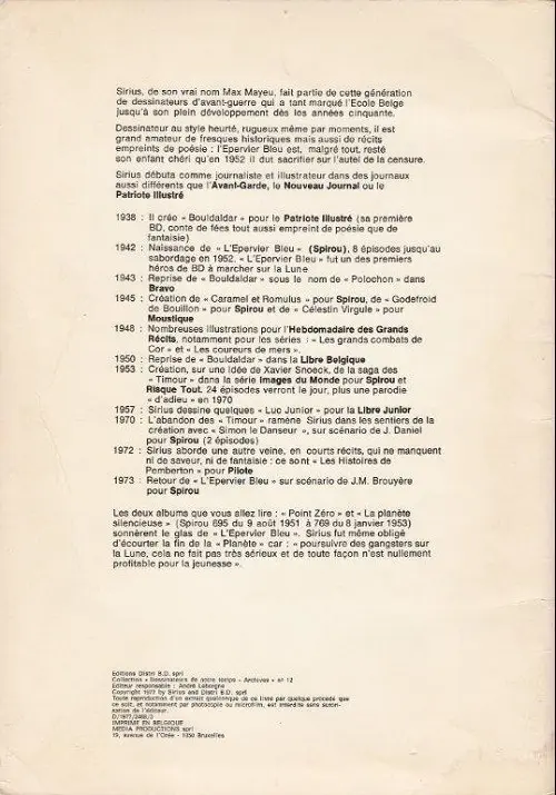 Verso de l'album L'Épervier bleu Tome 7 Point Zéro