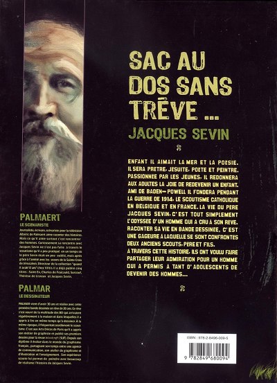 Verso de l'album La Vie de Jacques Sevin Sac au dos sans trêve...