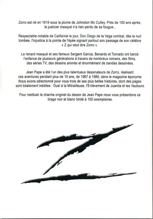 Verso de l'album Zorro Tome 1 L'enlèvement de Juanita