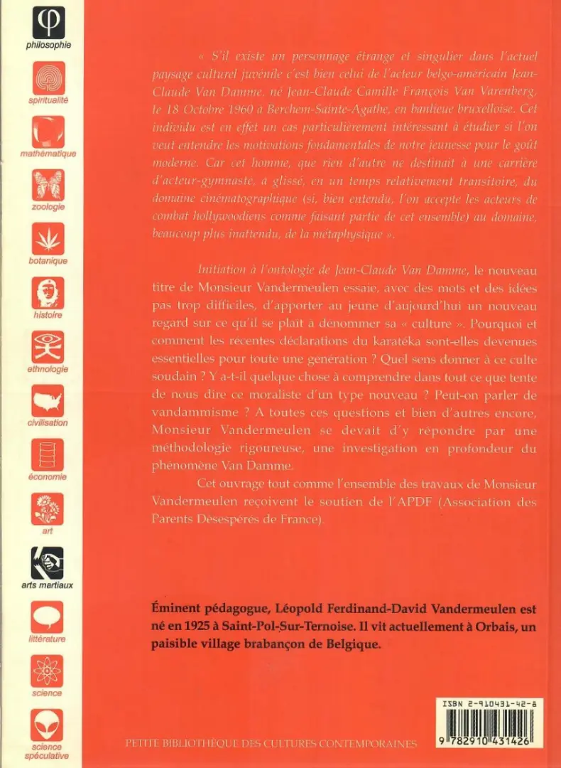 Verso de l'album Initiation à l'ontologie de Jean-Claude Van Damme Le concept aware, la pensée en mouvement