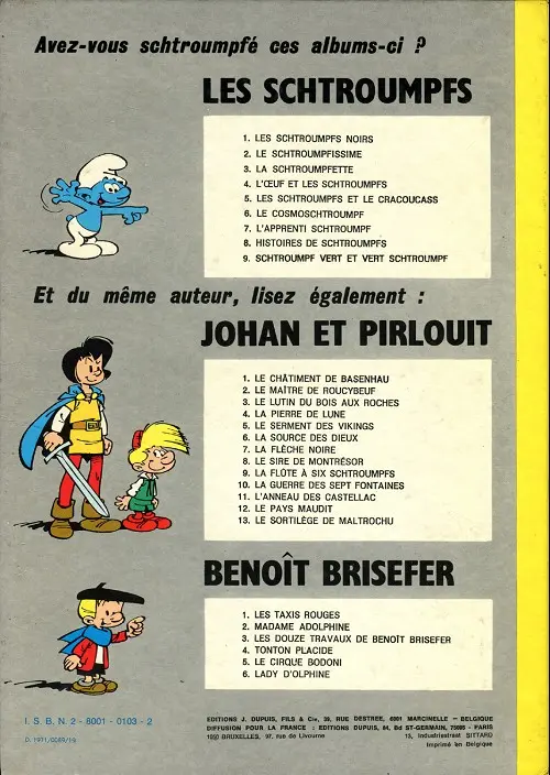 Verso de l'album Johan et Pirlouit Tome 9 La flûte à six schtroumpfs