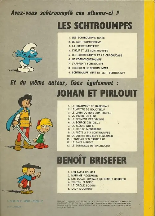 Verso de l'album Johan et Pirlouit Tome 9 La flûte à six schtroumpfs