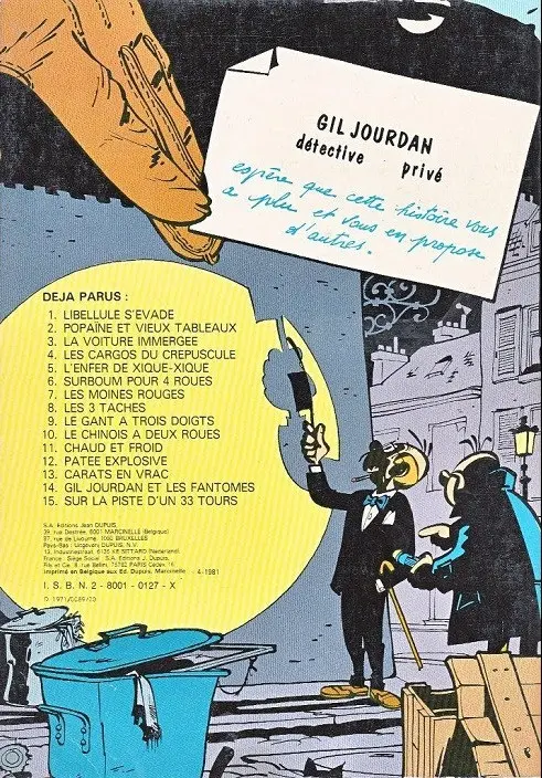 Verso de l'album Gil Jourdan Tome 12 Pâtée explosive -La guerre en caleçon - La poursuite