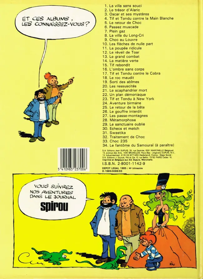 Verso de l'album Tif et Tondu Tome 33 Choc 235