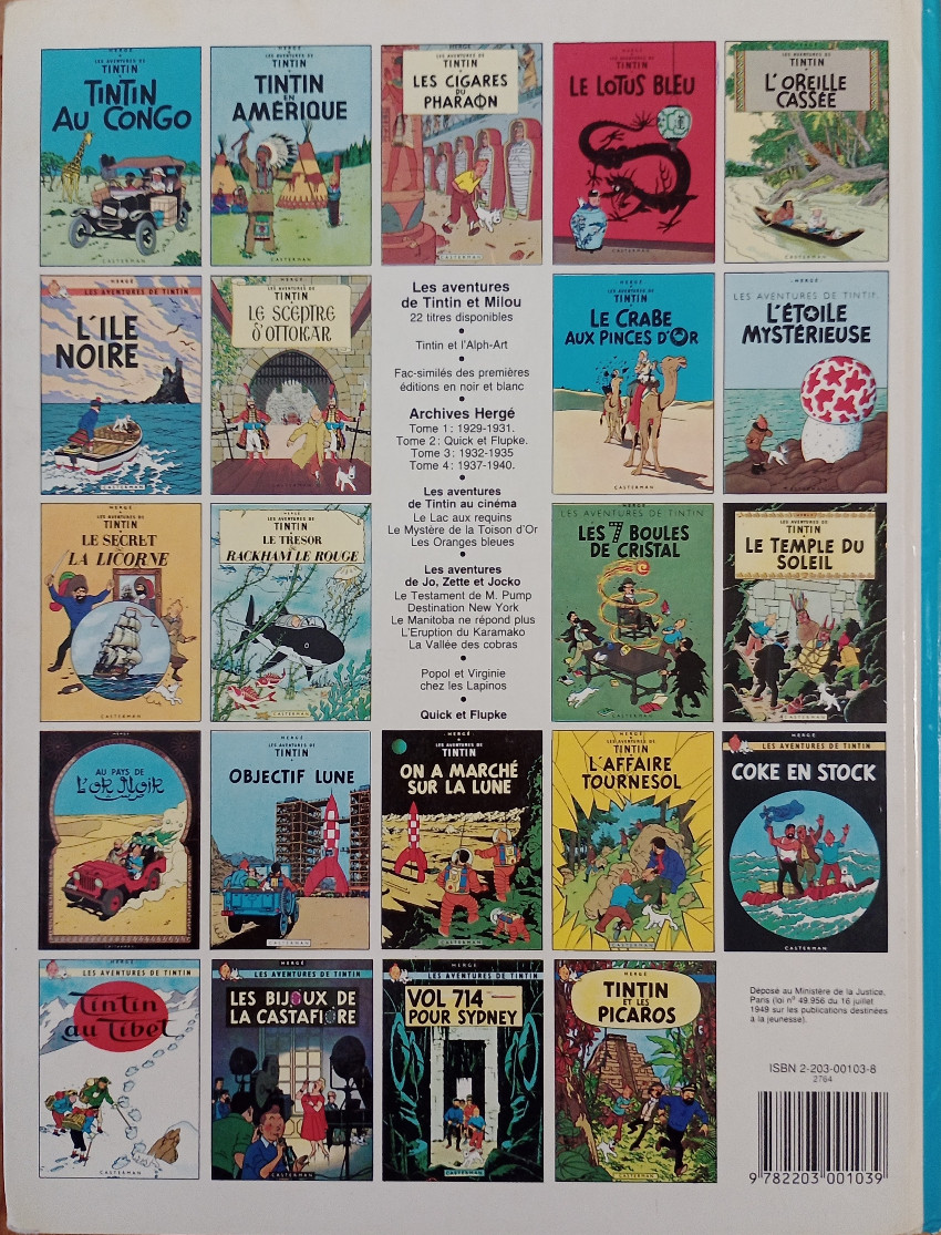 Verso de l'album Tintin Tome 4 Les cigares du pharaon