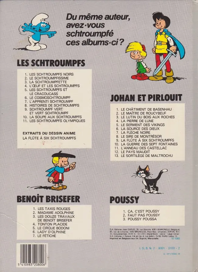 Verso de l'album Johan et Pirlouit Tome 9 La flûte à six schtroumpfs