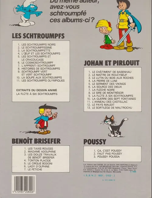 Verso de l'album Johan et Pirlouit Tome 9 La flûte à six schtroumpfs