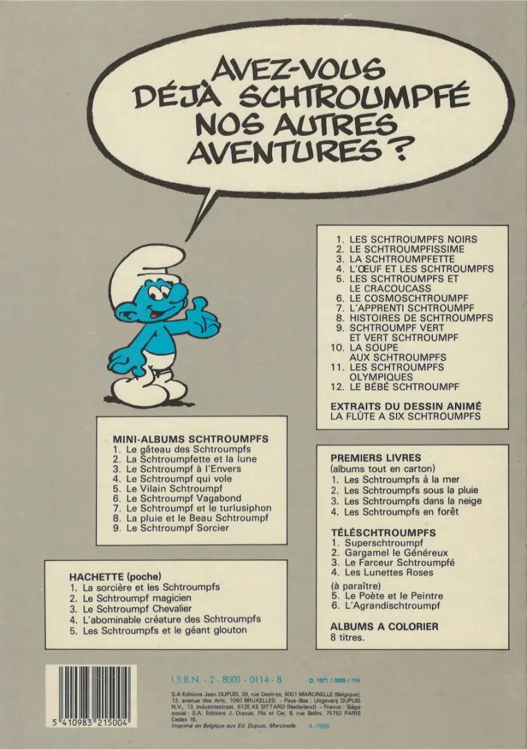 Verso de l'album Les Schtroumpfs Tome 7 L'apprenti schtroumpf